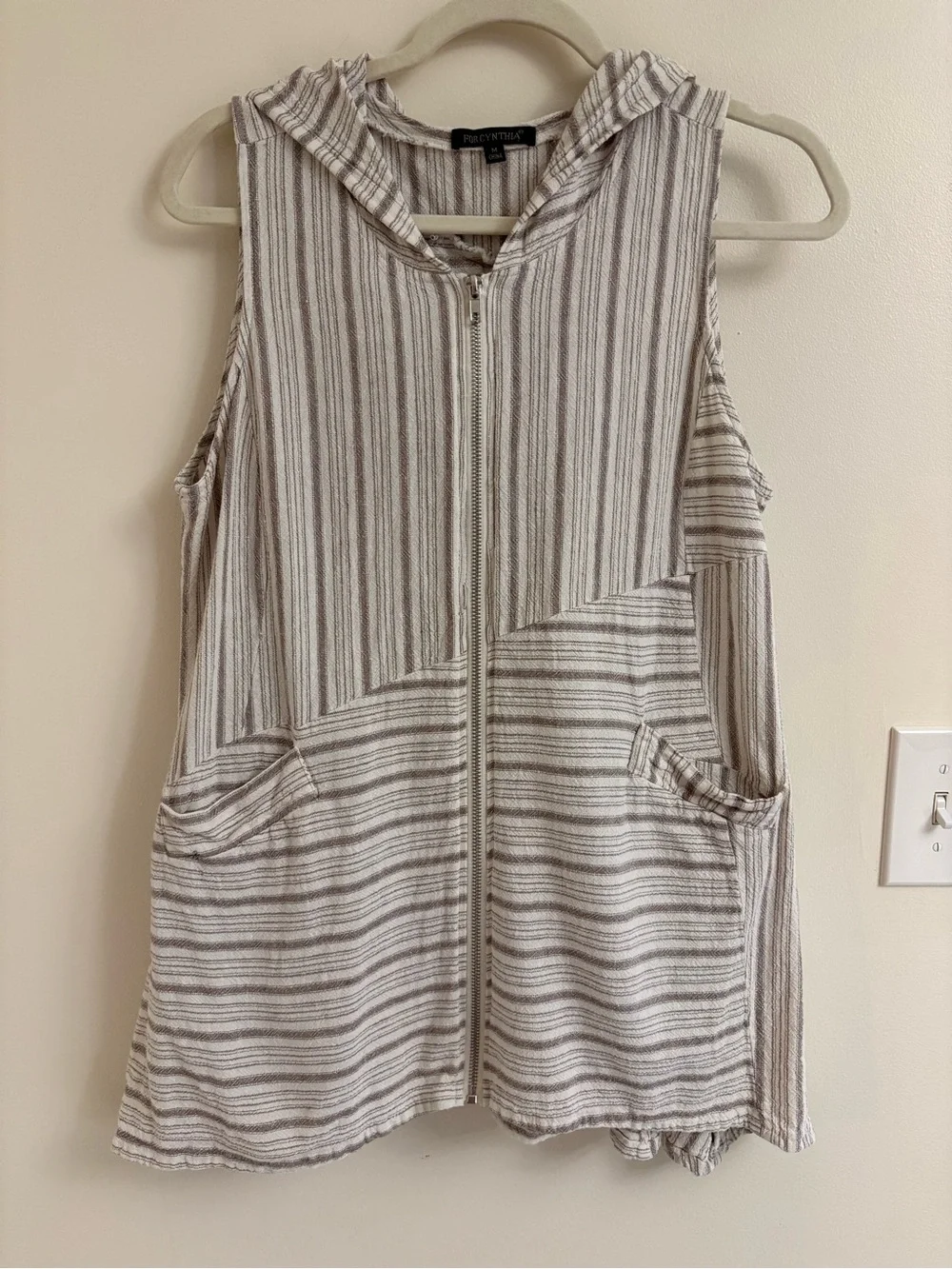 For Cynthia Linen Blend Hooded Zip Vest medium Striped Lagenlook Coastal Boho - Picture 2 of 8
